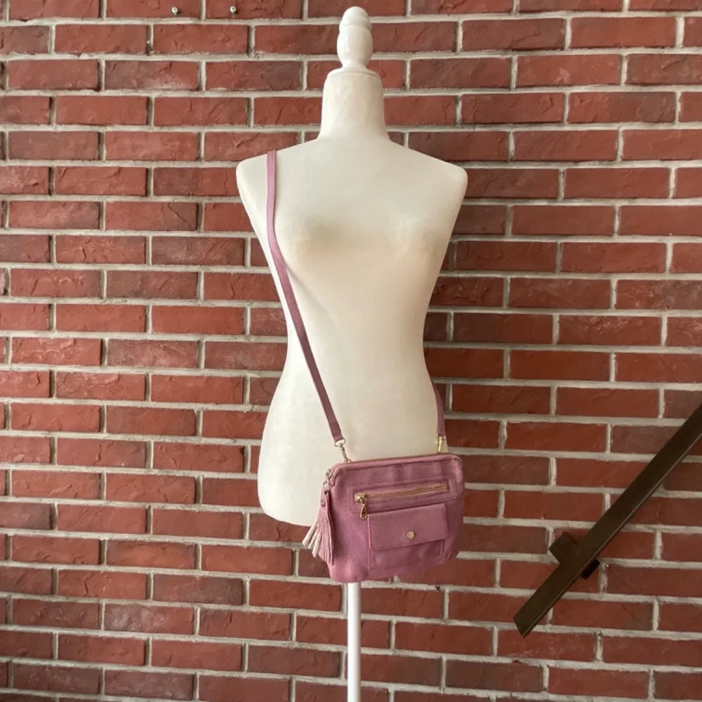 •Abas Pink Lavender Embossed Leather Crossbody Bag ZipClutch Pouch